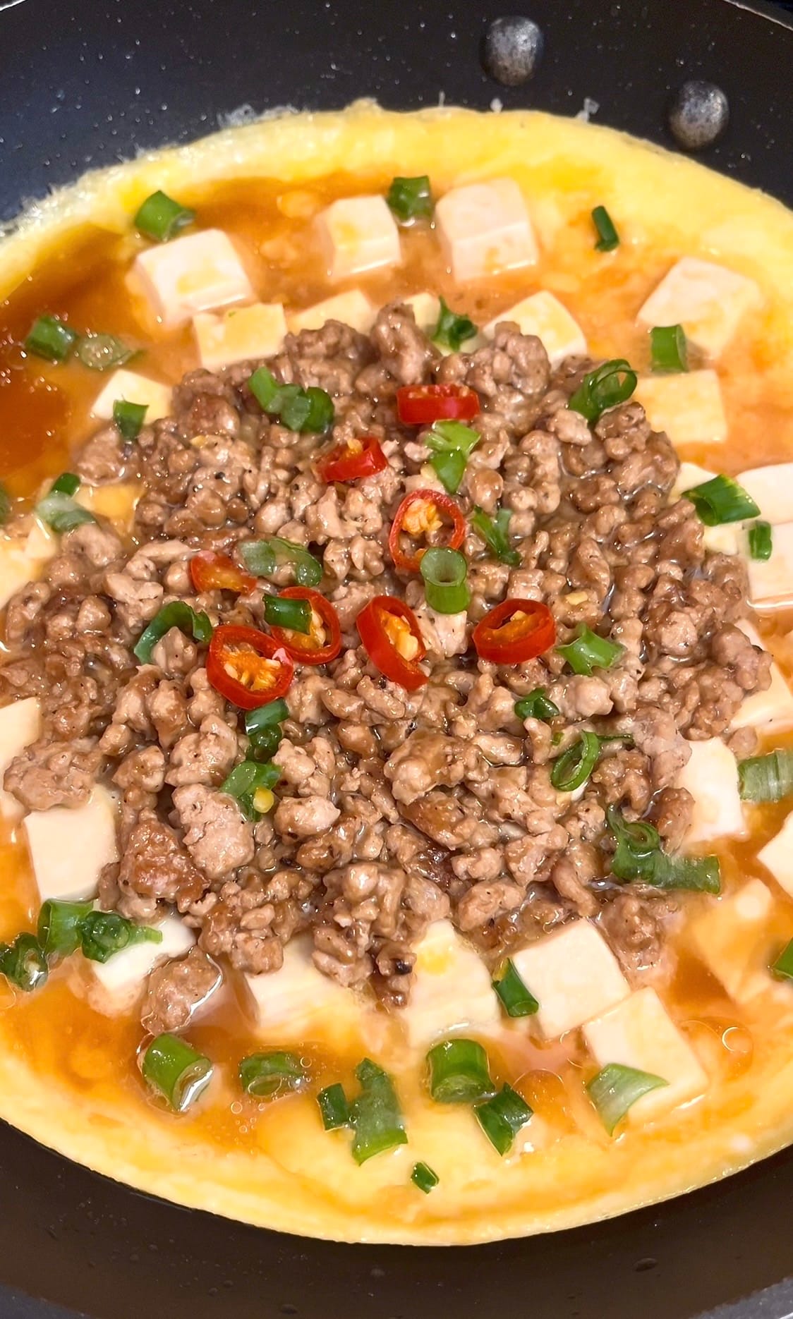 Braised Silken Tofu with Minced Meat and Egg